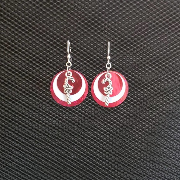 Red & white sequin and silver candy cane earrings - Picture 2 of 4